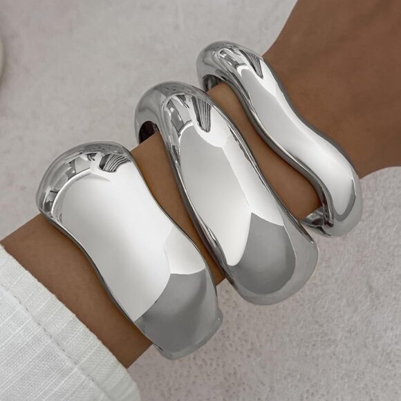 Chunky Gold Bangles Alloy 3pcs Stackable Irregular Cuff Statement Jewelry - Picture 2 of 6